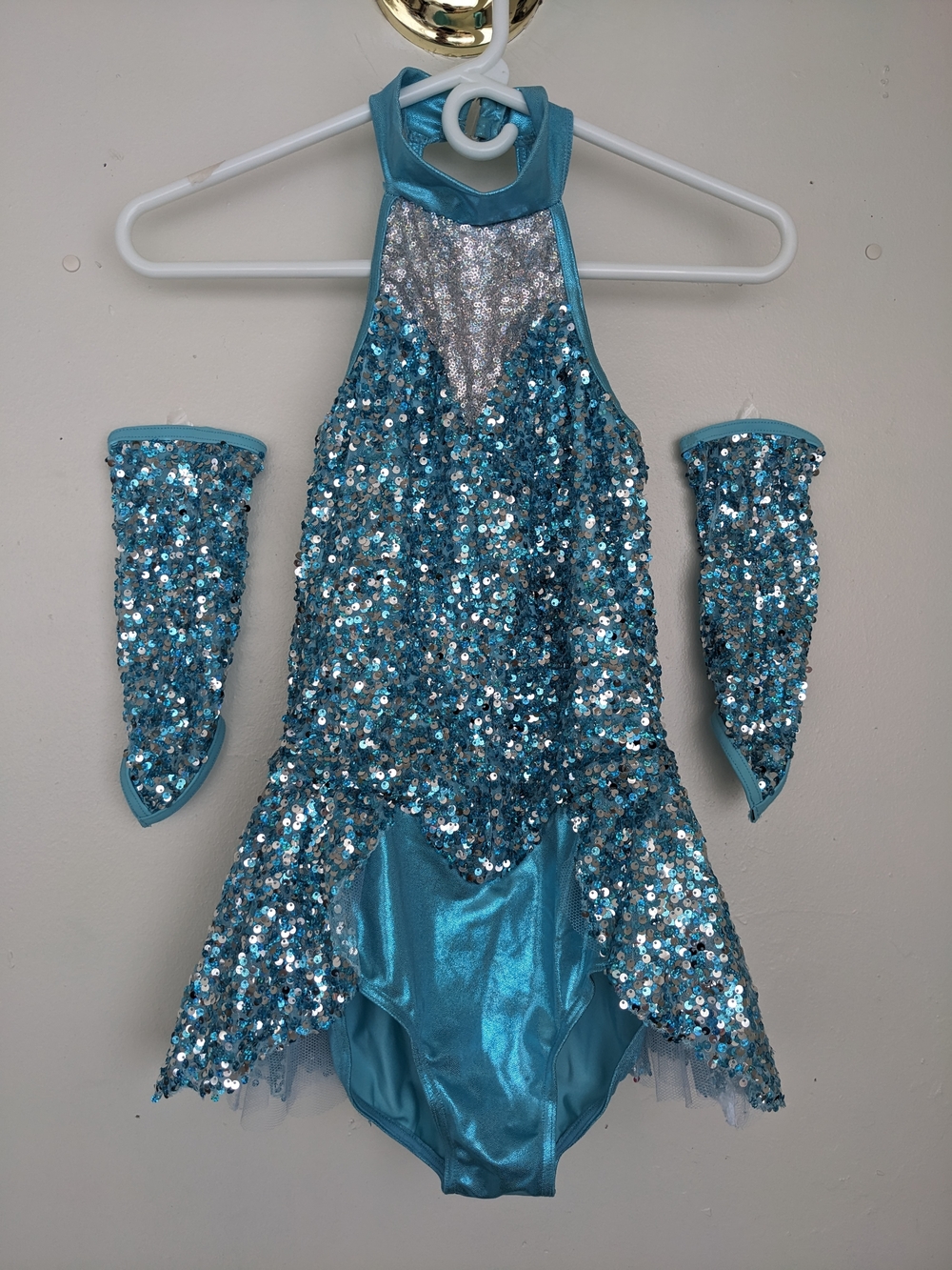 Weissman Aqua Sequin Halter Dance Costume with Arm Bands